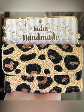 . India Handmade Viral Beaded Black Tan & Cream Leopard Print Clutch Wallet